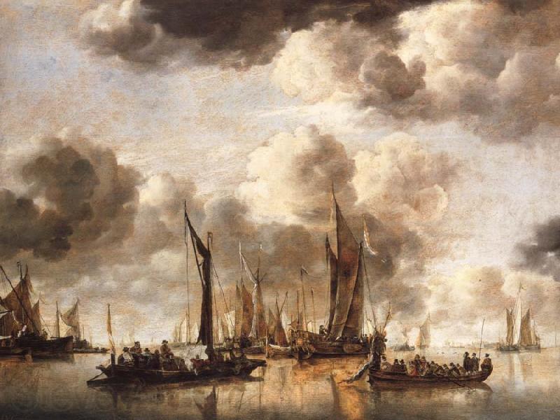 Jan van de Cappelle A Dutch Yacht Firing a Salute as a Barge Pulls Away and Many Small vessels at Anchor Spain oil painting art